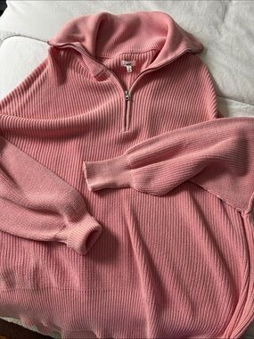 Aerie Pink Half-Zip Ribbed Sweater